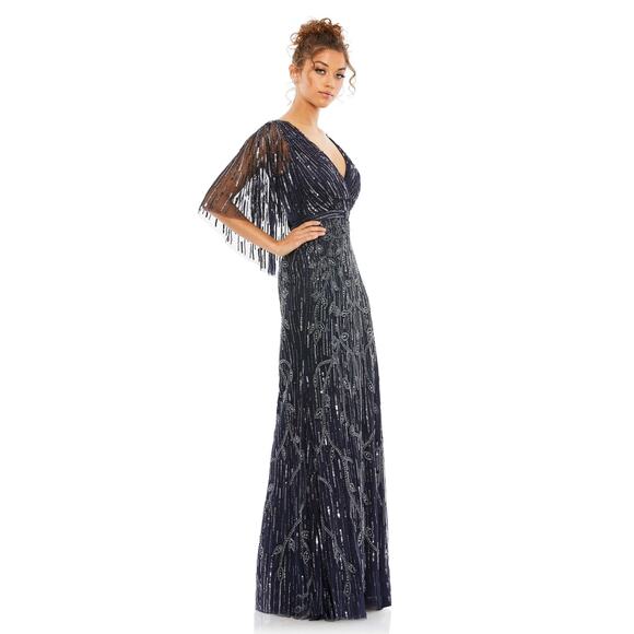 MAC DUGGAL 9064 Embellished Cap Sleeve Faux Wrap Trumpet Gown Midnight 14 NEW - Picture 3 of 9